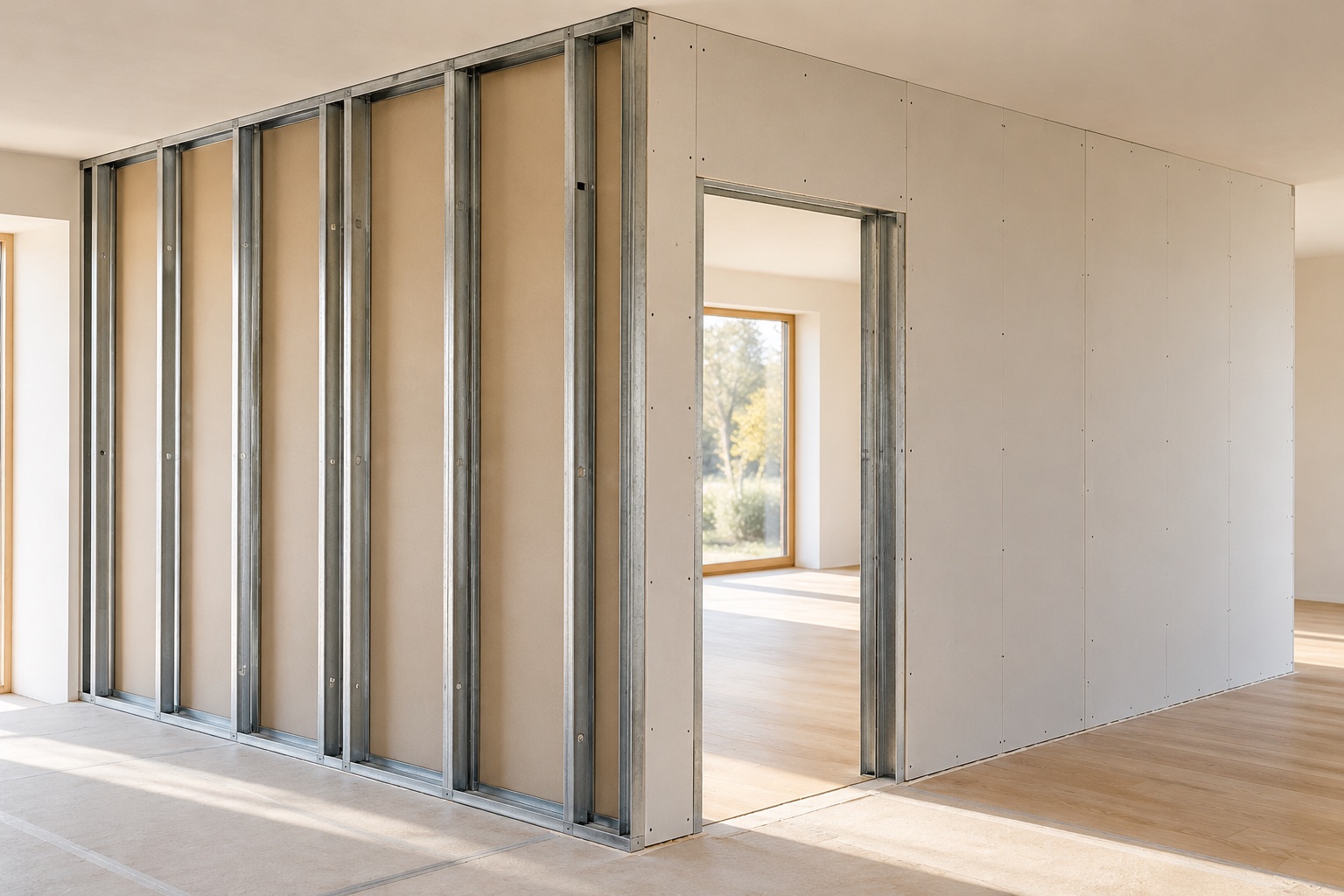 Eine Trockenbauwand mit offener Metallkonstruktion in einem hellen Innenraum.